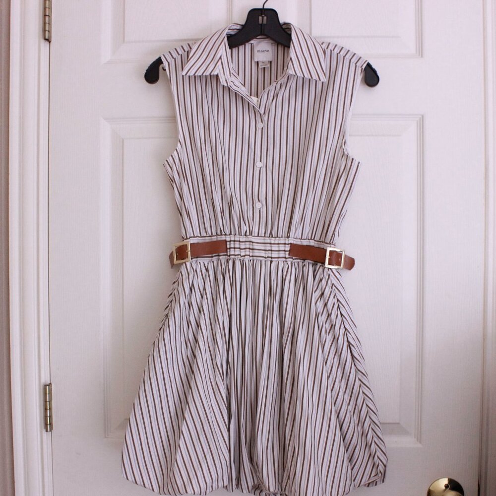 Anthropologie Maeve Belted Bubble-Hem Mini Stripe Shirt Dress - Picture 2 of 12